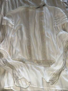 Zara White Sheer Lace-Trim Long Sleeve Blouse